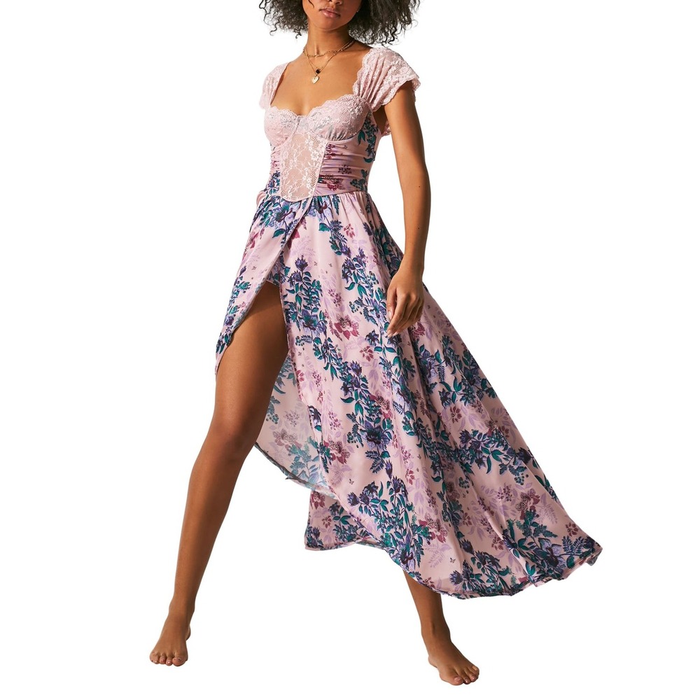 Free People Intimately Bad For You Maxi Bodysuit Dress Dusty Rose Combo